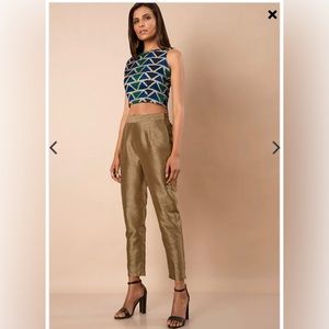 Gold Poly Silk Fitted Pants with Elastic Back, Pockets, and Side Zip Closure